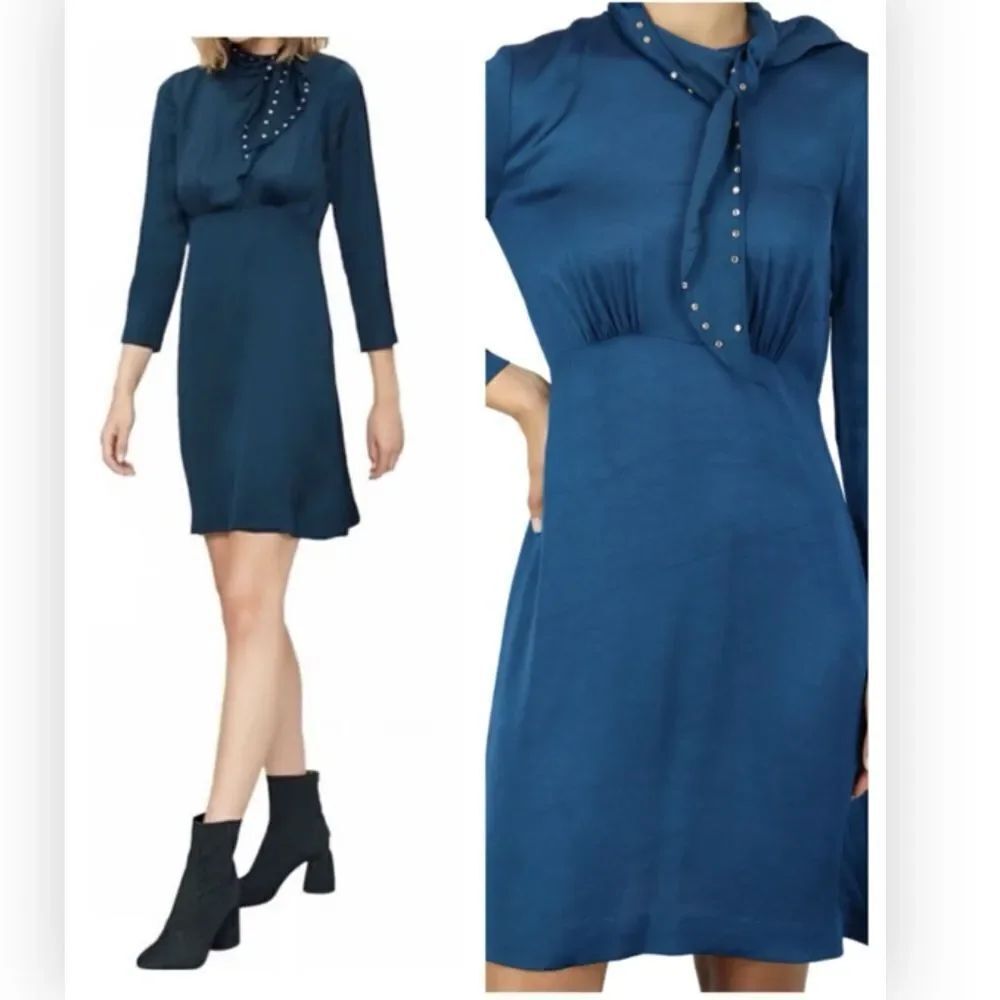 SANDRO NWT Dress With Studded Bow Collar In Lake Size 38 $395